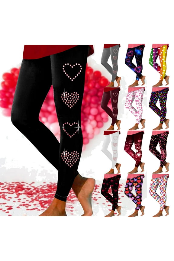 Womens Valentine's Day Leggings Cute Heart Print High Waist Stretchy Yoga Pants Casual Skinny Tights Buttery Soft Milk Silk Legging Holiday Bottoms Clearance Sale Red M