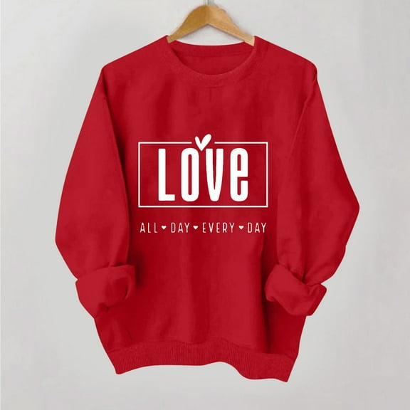 DDAPJ pyju Womens Valentines Day Sweatshirts Heart-Shaped Letter Print Long Sleeve Round Neck Pullover Tops Trendy Casual Sweatshirt Teen Girls Y2K Streetwear Red#1 XS