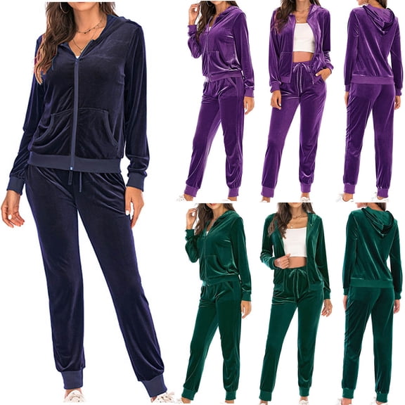 DDAPJ pyju Womens Velour Tracksuit Set Long Sleeve Zip Up Hoodie and Drawstring Waist Pants Sweatsuits Set Casual Jogging Matching Suits with Pockets Purple XL