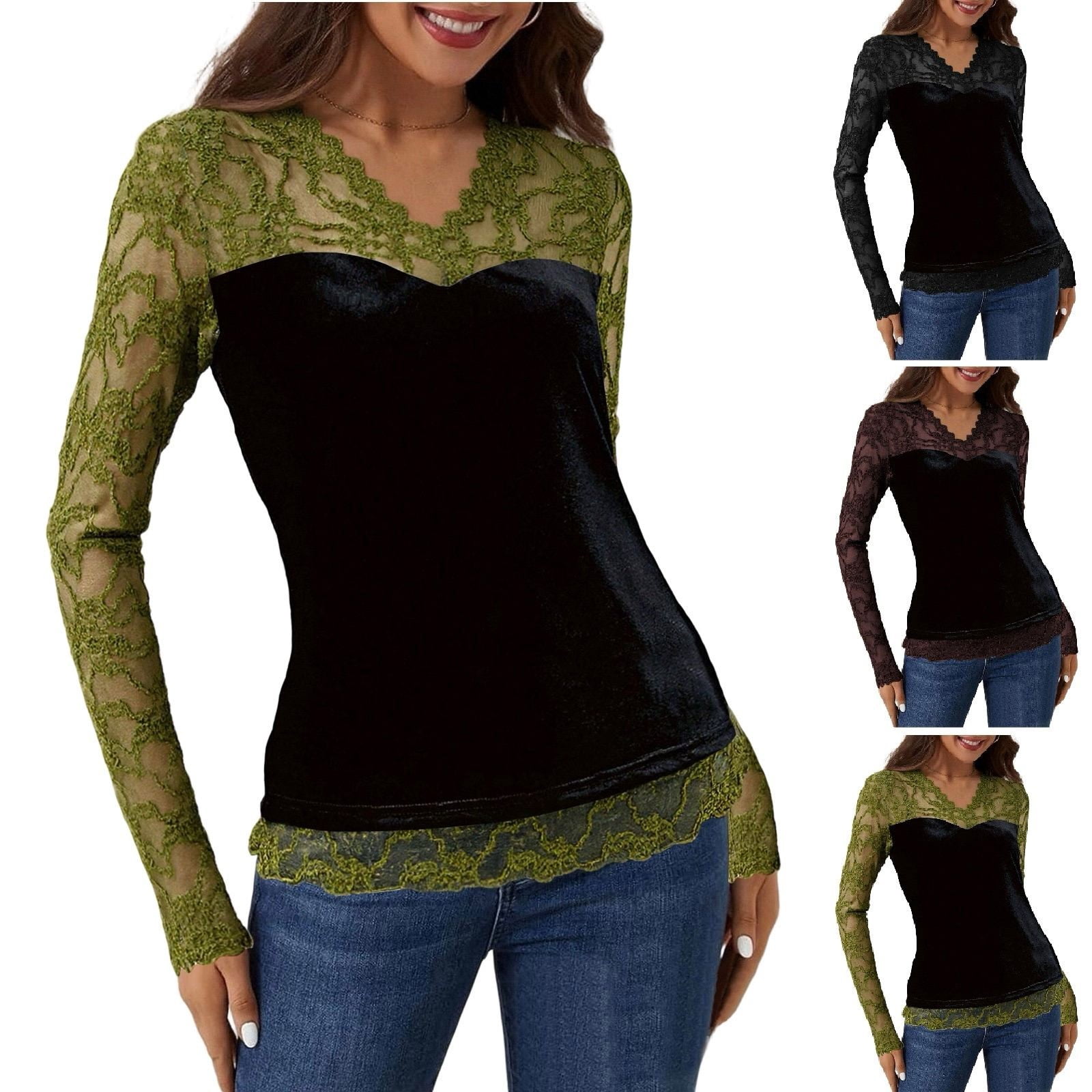 DDAPJ pyju Womens Velvet Long Sleeve Top See Through Tee Shirt Dressy ...