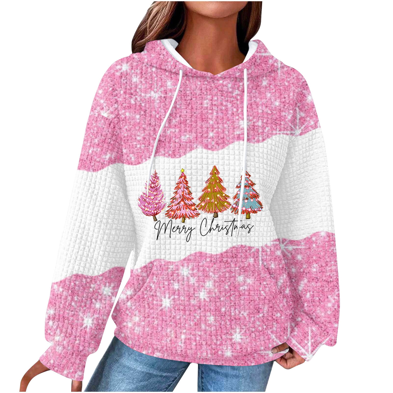 DDAPJ pyju Womens Waffle Knit Christmas Hoodie, Pink Christmas Tree