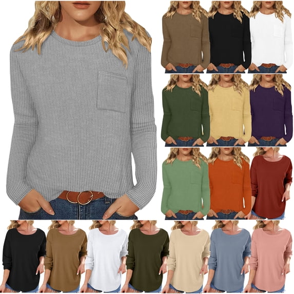 DDAPJ pyju Womens Waffle Knit Long Sleeve Tops Solid Pocket Tee Shirts Dressy Casual Tunic Blouses Green M