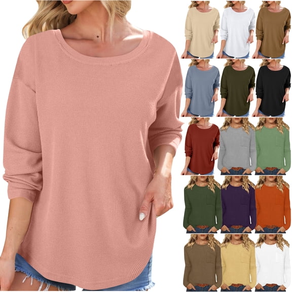 DDAPJ pyju Womens Waffle Knit Tops Crew Neck Long Sleeve Shirts Casual Trendy Womens Clothes Blouses Basic Tee Fall Business Top Pink XL