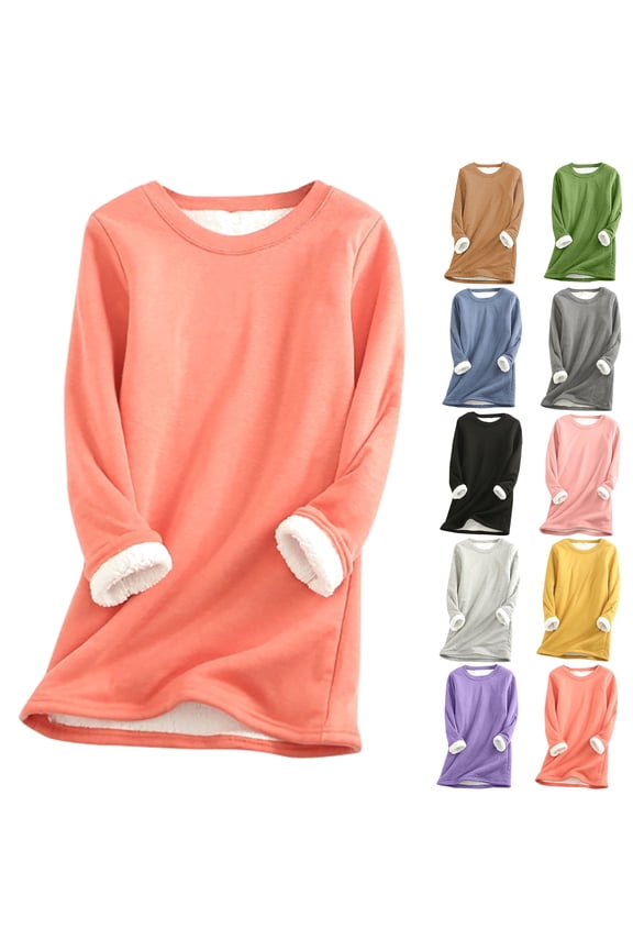 Womens Winter Thermal Sweatshirt Crewneck Long Sleeve Fleece Lined Pullover Soft Cozy Sherpa Loungewear Tops Pink L
