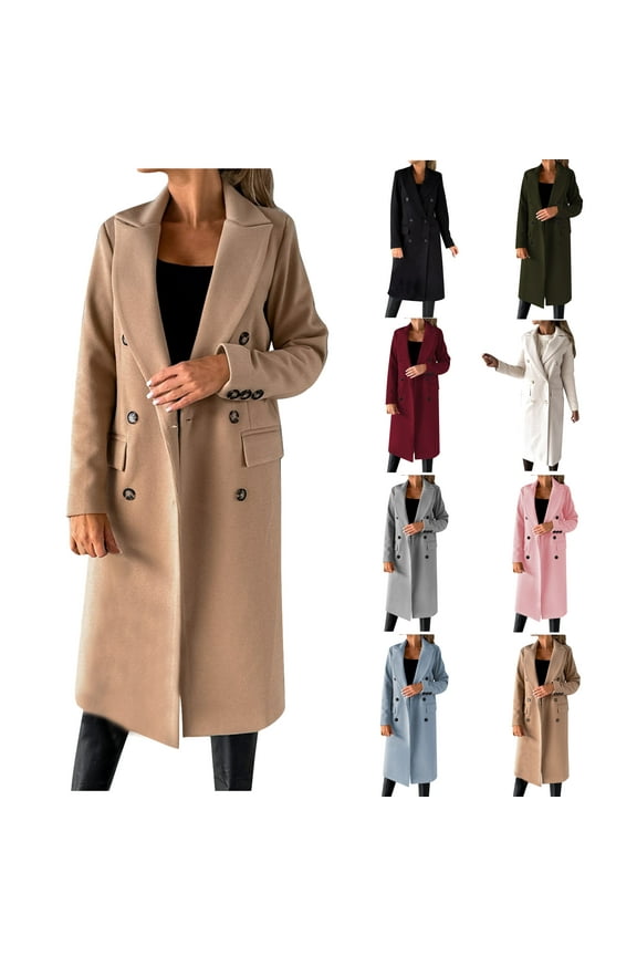 Womens Wool Blend Pea Coat 2023 Clearance, Notch Lapel Double Breasted Trench Coat Slim Solid Casual Overcoat Long Dress Jacket with Pockets Beige L
