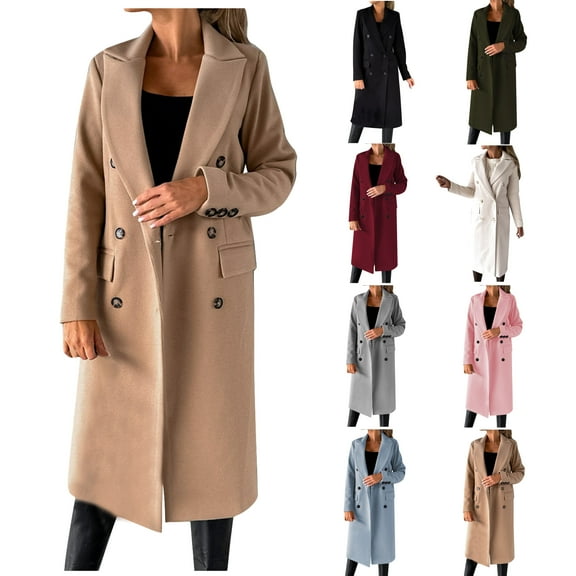 DDAPJ pyju Womens Wool Blend Pea Coat, Notch Lapel Double Breasted Trench Coat Slim Solid Casual Overcoat Long Dress Jacket with Pockets Black XL