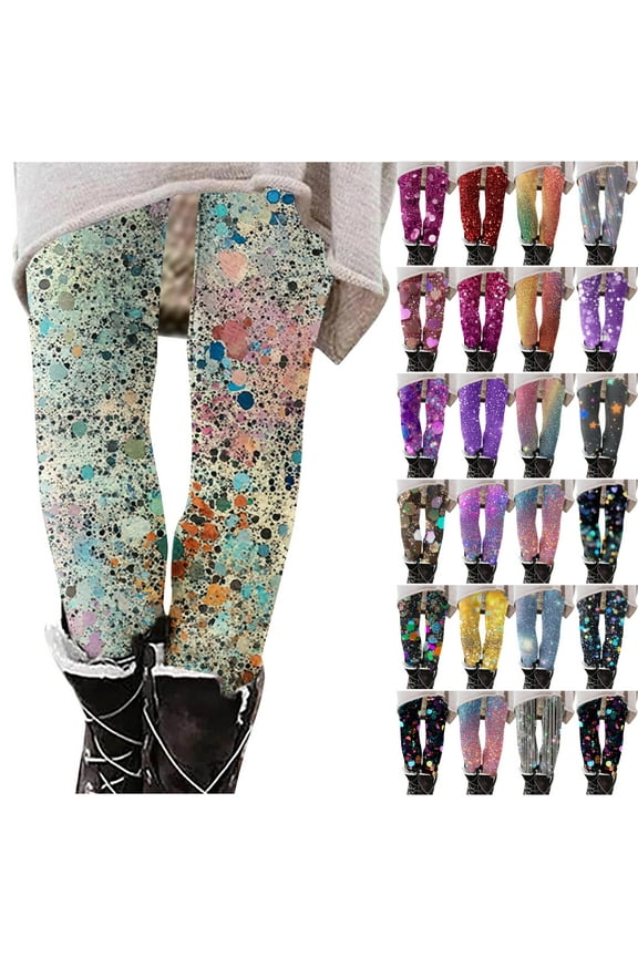 Womens Workout Leggings Shiny Glitter Sequin Printed Slim Yoga Pants High Waisted Stretch Casual Holiday Tights Limited Time Sales of Today Multicolor XXL