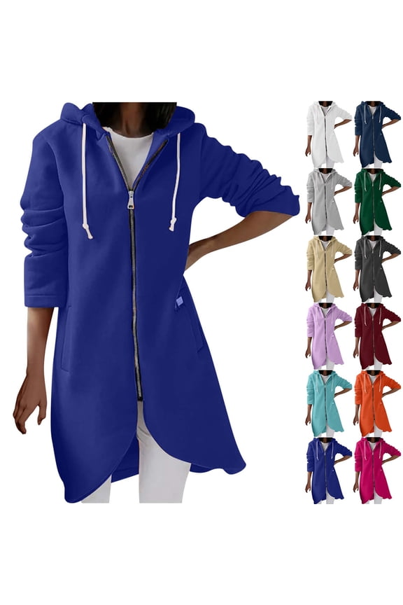 Womens Zip Up Hoodie Trendy Drawstring Oversized Long Hooded Sweatshirts Cute Tunic Irregular Hem Jackets Loose Coats Blue M