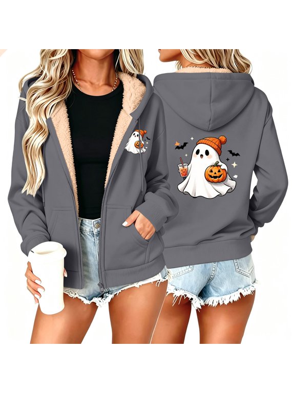 Womens Zip Up Hoodies 2026 Halloween Ghost Print Sherpa Lined Jacket Soft Fleece Lining Hooded Sweatshirt Full-Zip Hoodie Coat with Pockets L