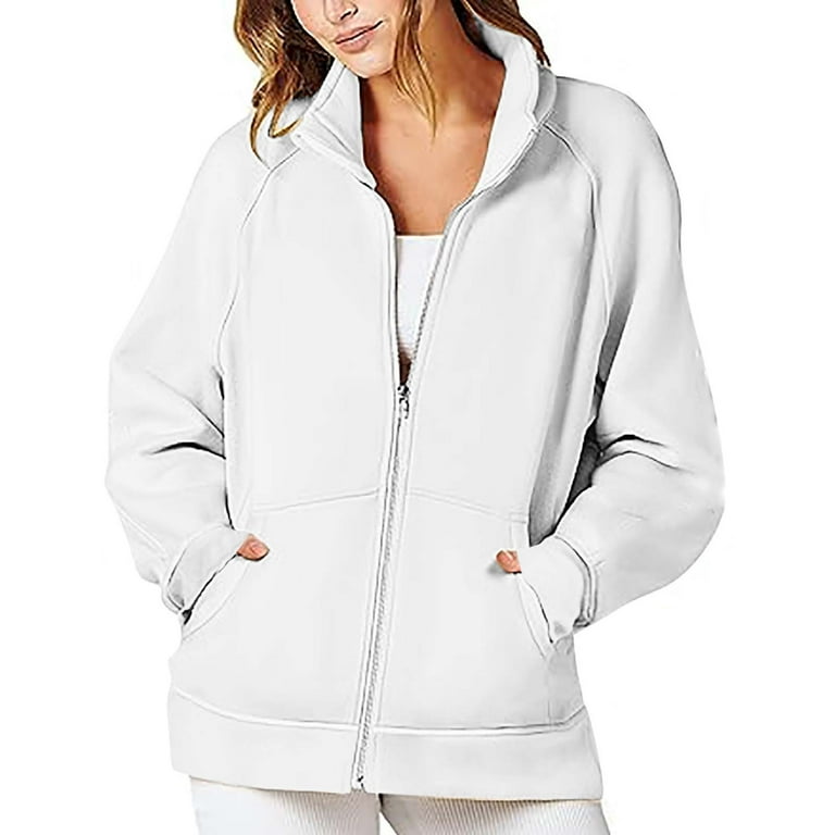 DDAPJ pyju Womens Zip Up Oversized Sweatshirt Jacket 2023 Long Sleeve Stand Collar Pullover Coat Solid Color Thin Fleece Lined Casual Outwear Tops