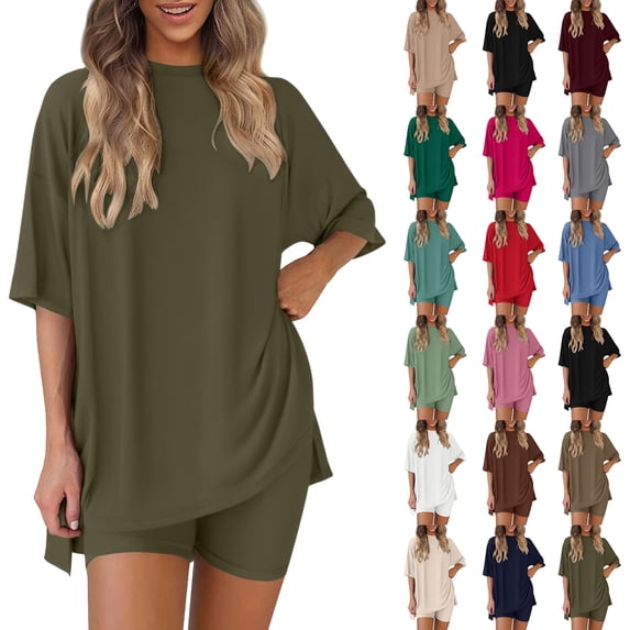 DDAPJ pyju Workout Sets for Women 2 Piece Solid Casual Sweatsuit Oversized Side Slit T-Shirts and Botty Shorts Matching Lounge Track Suit Set Ofertas Prime Wine L