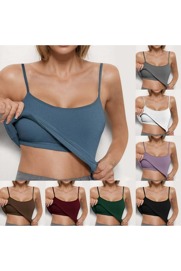 Workout Tank Tops for Women with Built in Bra Ribbed Undershirt Spaghetti Strap Camisole Athletic Yoga Shirts Blue S