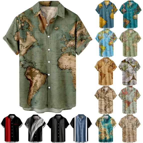 DDAPJ pyju World Map print Short Sleeve Button Down Shirts for Men Casual Summer Beach Shirt Summer Vacation Tops Flash Sales Rose Gold XXL