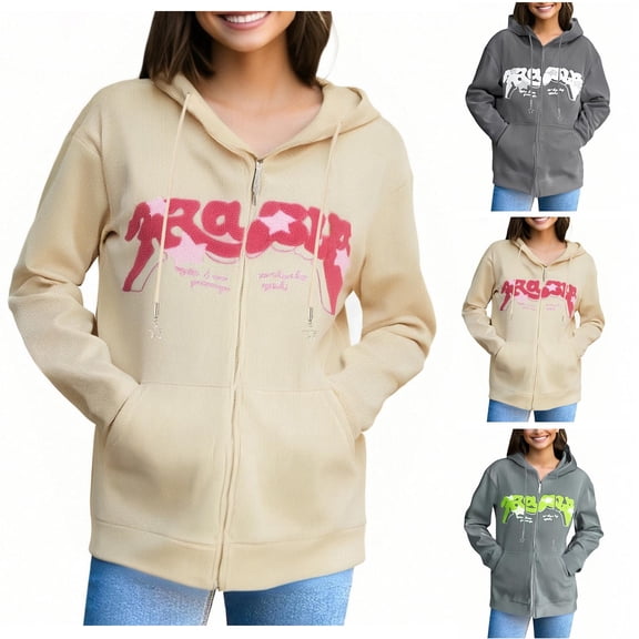 DDAPJ pyju Y2K Zip Up Hoodie for Women Letter Star Graphic Hoodies Stylish Casual Hoody Tops Corduroy Sweatshirt Jacket Beige S