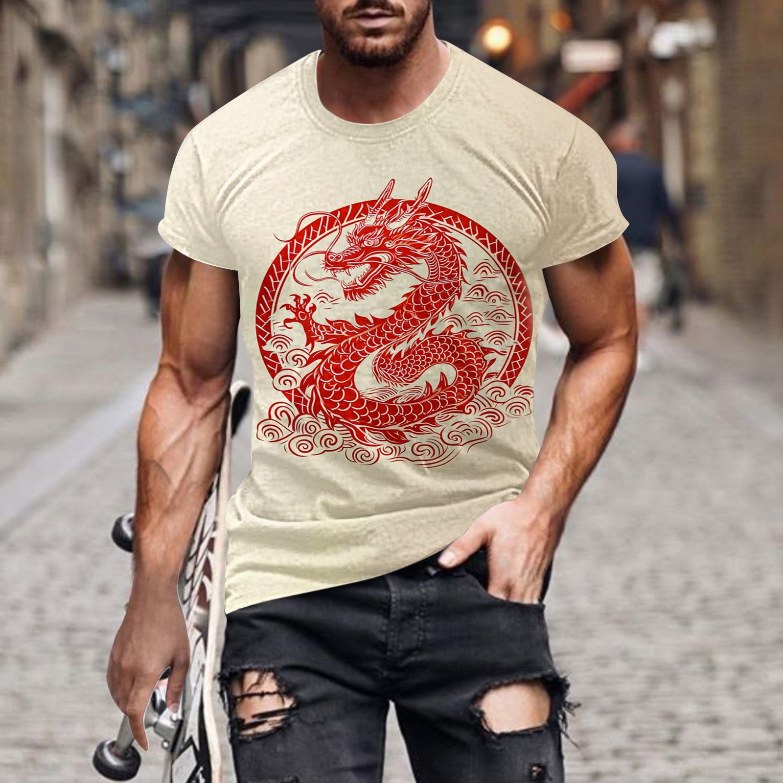 DDAPJ pyju Year of the Dragon Tshirts for Men Chinese Loong Printed