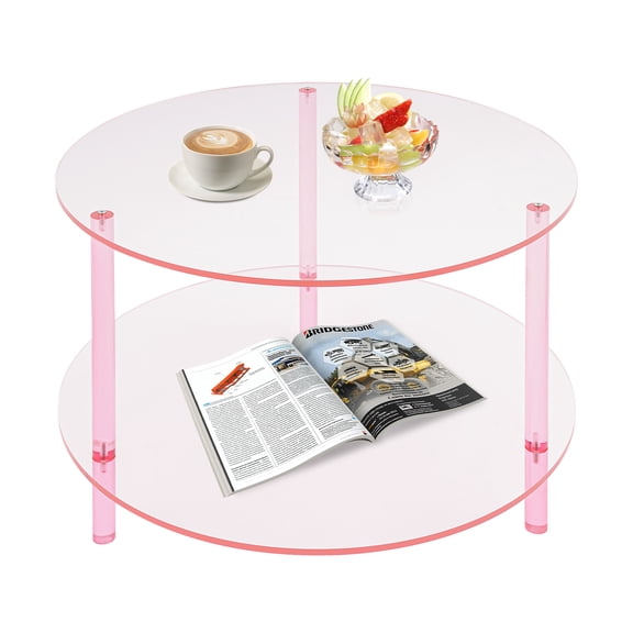 DDBESSIC 2-Tier Round Modern Coffee Table Pink Acrylic Coffee Table Tea Table Sturdy 3-Leg Support