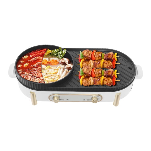 DDBESSIC 3-8 Persons Electric Grill & Hot Pot 2-in-1 Hotpot Pot and Grill Plate with Independent Temperature Control 1700W