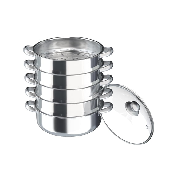 DDBESSIC 5-Tier Stainless Steel Steamer Pot with Glass Lid Multi-Layer Stackable Cookware for All Stoves 30cm/11.81''