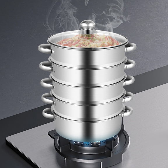 DDBESSIC 5 Tiers 9.44" Stainless Steel Steamer Meat Vegetable Cooking Steam Pot Kitchen Tool with Glass Lid