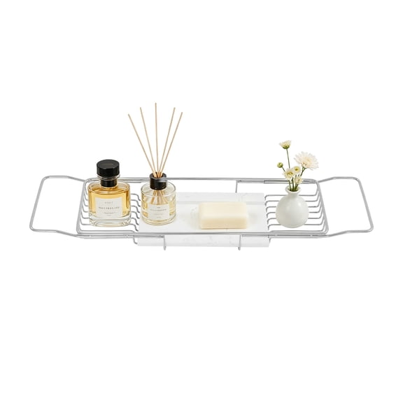 DDBESSIC 68-90cm Expandable Bathtub Tray Stainless Steel Bathtub Tray with Marble Board