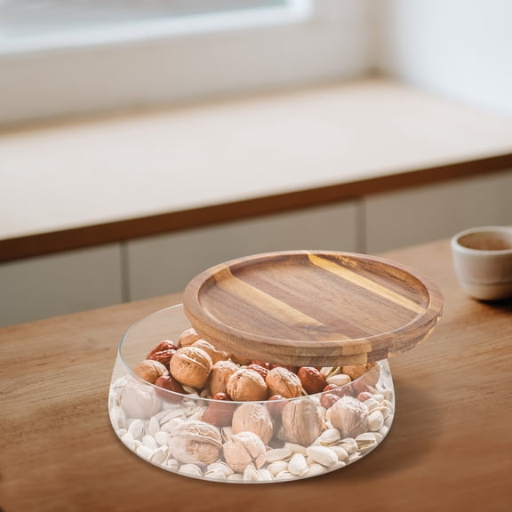 DDBESSIC 70 OZ Glass Candy & Nuts Serving Container with Wooden Lid Round Food Storage Platter Snack Tray Clear