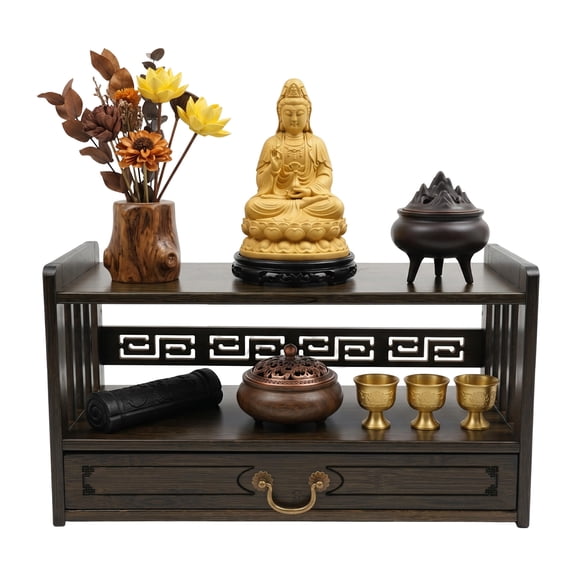 DDBESSIC Chinese Style Meditation Storage Table Altar Table with Drawer Desktop Organizer Walnut Color