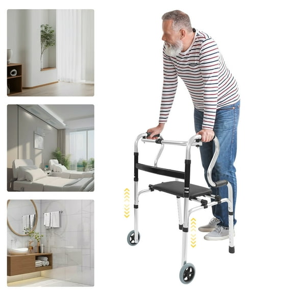 DDBESSIC Foldable Walker for Senior Adjustable Stand Up Walker with Wheels for Adult 220lbs Load