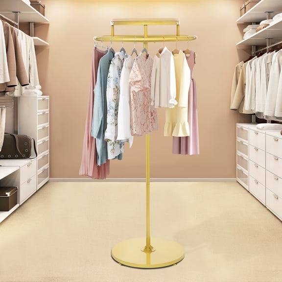 Round Clothing Rack Freestanding Clothes Display Rack Rotatable Garment Rack with Stable Base Gold