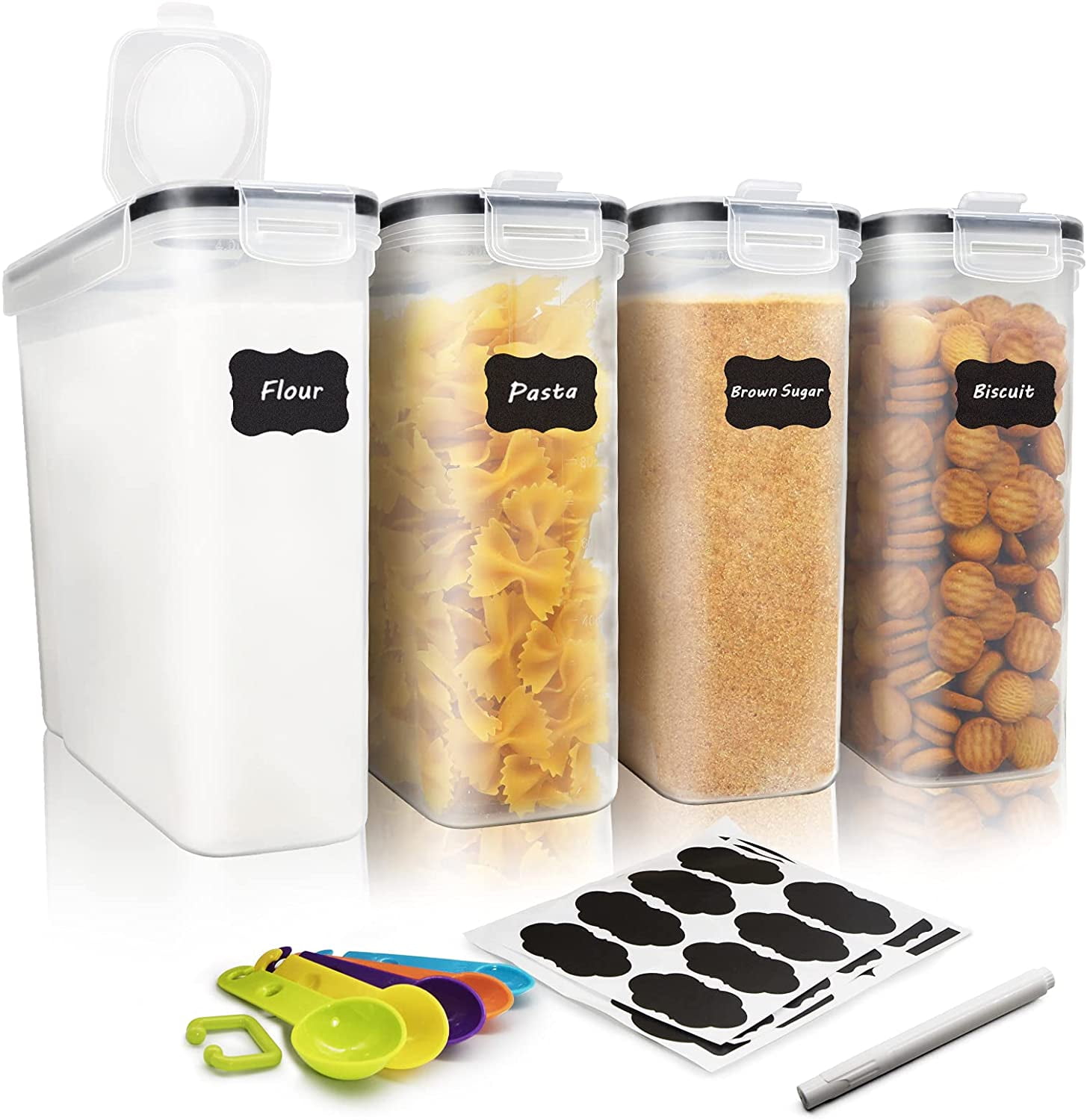 DDF iohEF Large Food Storage Containers Set, 4 Packs 4*4L Airtight Cereal Containers, Labels, Marker and Spoons Set