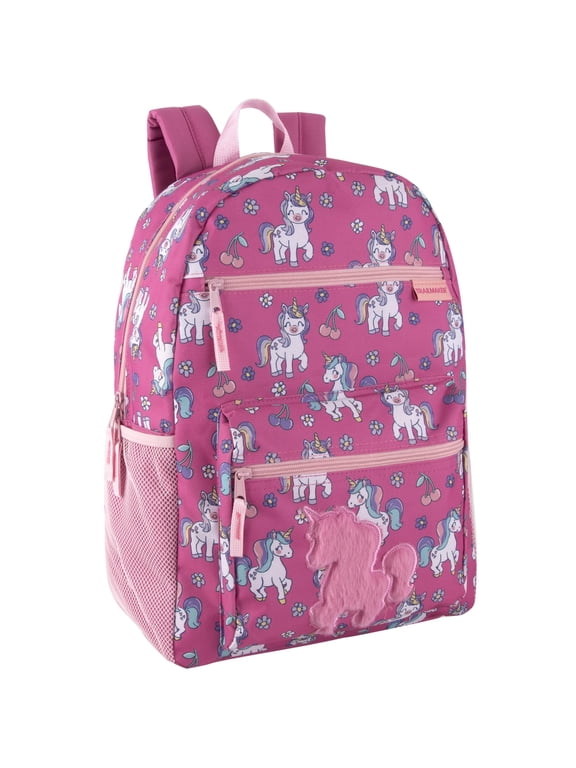 17 Inch Plush Unicorn Backpack with Plush Applique for Travel, Camping and Commuting