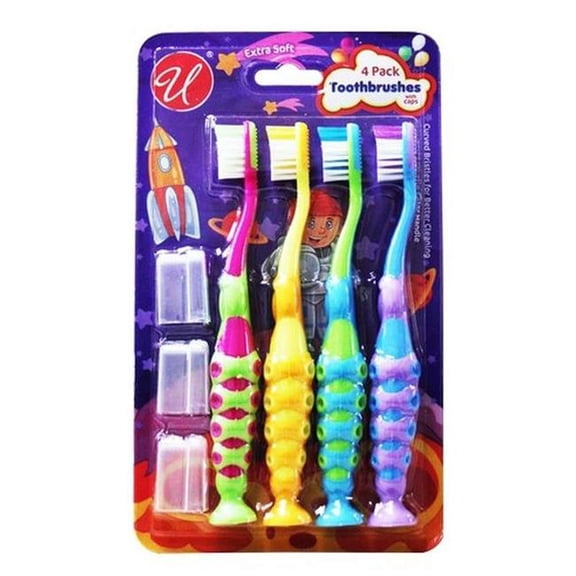 DDI 2374479 Kids Toothbrushes with 3 Caps, Assorted Color - 4 per Pack - Pack of 48