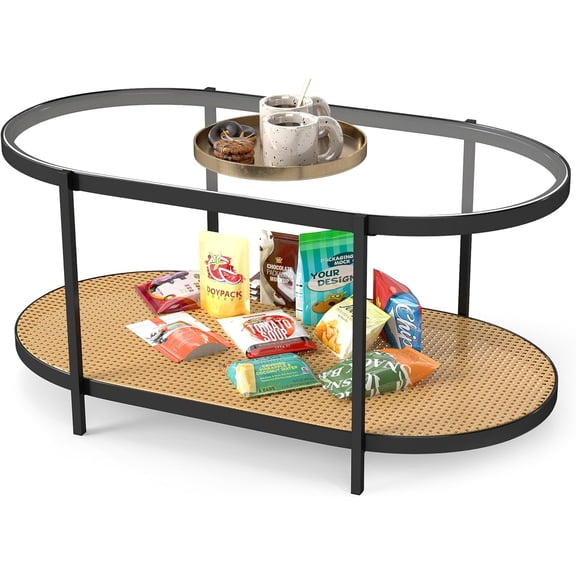 DDK 35" Oval Coffee Table, 2-Tier Glass Top Center Table for Living Room Bedroom Office