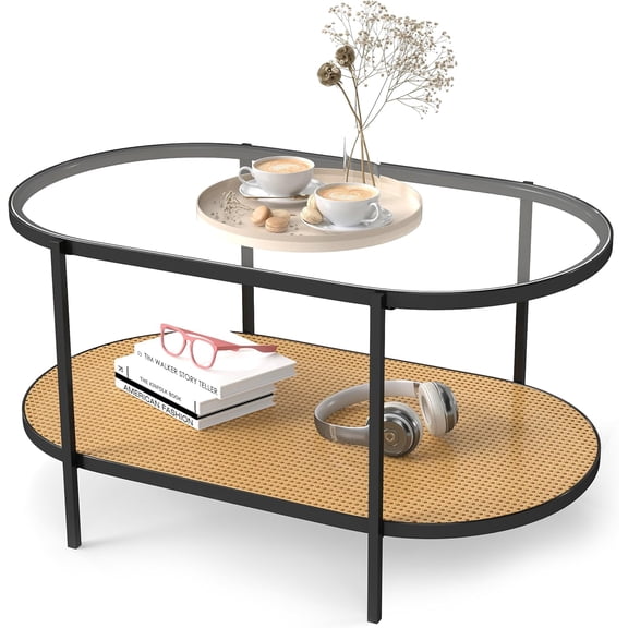 DDK 39" Oval Coffee Table, 2-Tier Glass Top Center Table for Living Room Bedroom Office