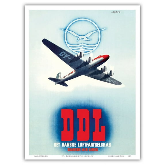 DDL - Danish Air Lines (Det Danske Luftfartselskab) - Vintage Airline Travel Poster by Finn Bjørvig c.1948 - Master Art Print (Unframed) 9in x 12in