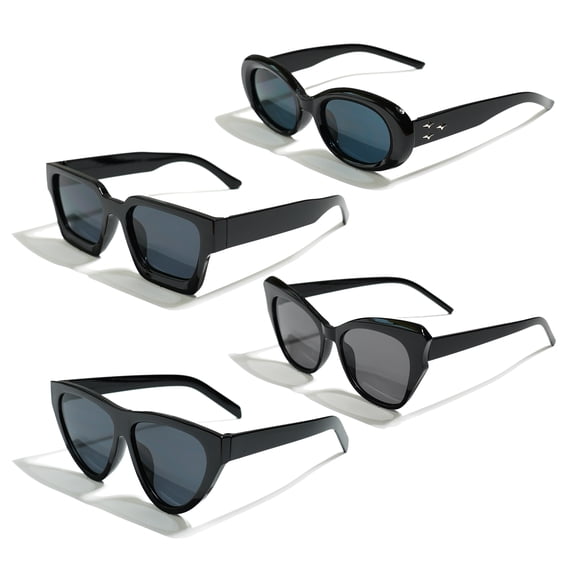 DDLM Women's Cat Eye, Elliptic, Rectangular, Butterfly Frame Fashion Sunglasses, Black, 4-Piece