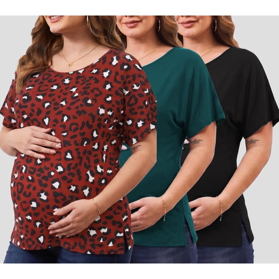 Women's Plus Size Maternity Tops Clothes Short Sleeve Pregnancy T Shirts Casual Loose Summer Pregnancy Clothes 1X-5X 3 Pack