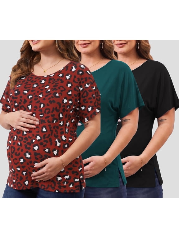 Women's Plus Size Maternity Tops Clothes Short Sleeve Pregnancy T Shirts Casual Loose Summer Pregnancy Clothes 1X-5X 3 Pack