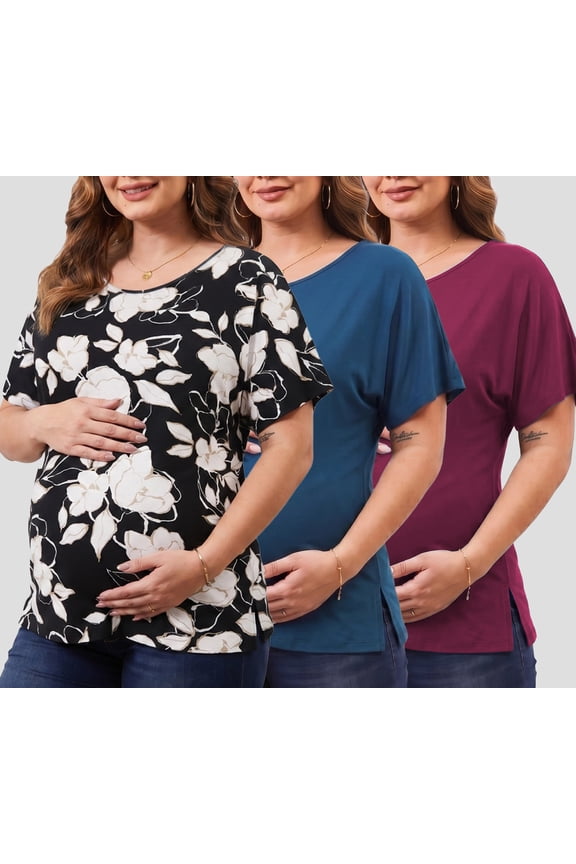 Women's Plus Size Maternity Tops Clothes Short Sleeve Pregnancy T Shirts Casual Loose Summer Pregnancy Clothes 1X-5X 3 Pack