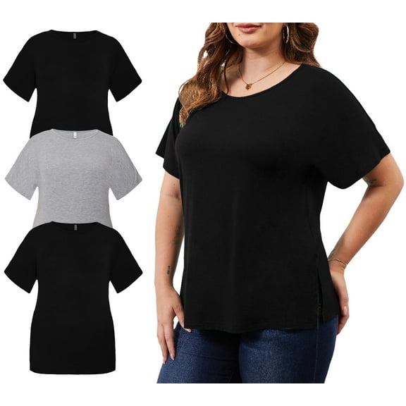 DDLUYY 3 Pack Women's Plus Size Tops Basic Tunic Short Sleeve Shirts Floral Blouses Casual Loose Summer Tops 1X-5X