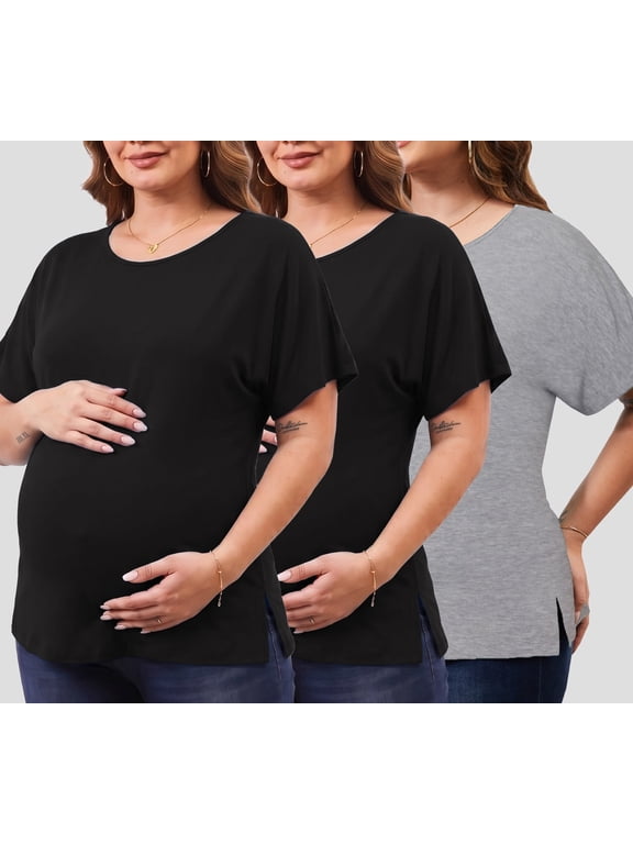 Women's Plus Size Maternity Tops Clothes Short Sleeve Pregnancy T Shirts Casual Loose Summer Pregnancy Clothes 1X-5X 3 Pack