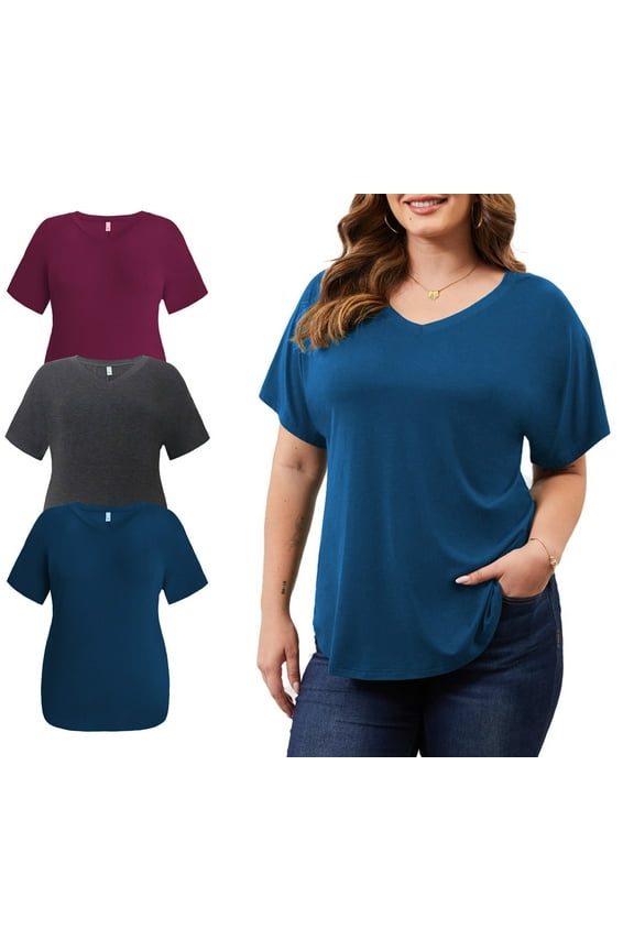 3 Pack Women’s Plus Size Tops Tunic Short Sleeve V Neck Shirts Casual Soft Blouse 1X-5X