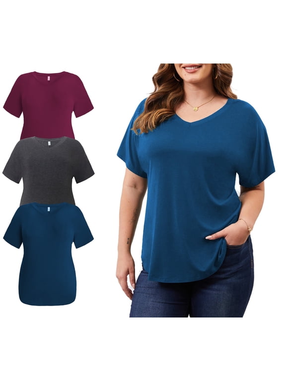 3 Pack Women’s Plus Size Tops Tunic Short Sleeve V Neck Shirts Casual Soft Blouse 1X-5X
