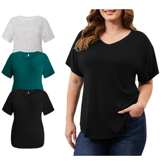 DDLUYY 3 Pack Women’s Plus Size Tops Tunic Short Sleeve V Neck Shirts Casual Soft Blouse 1X-5X