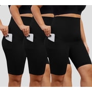 DDLUYY Womens Plus Size Butterluxe Tummy Control High Waist Yoga Shorts Workout Athletic Biker Shorts with Pockets 3-Pack