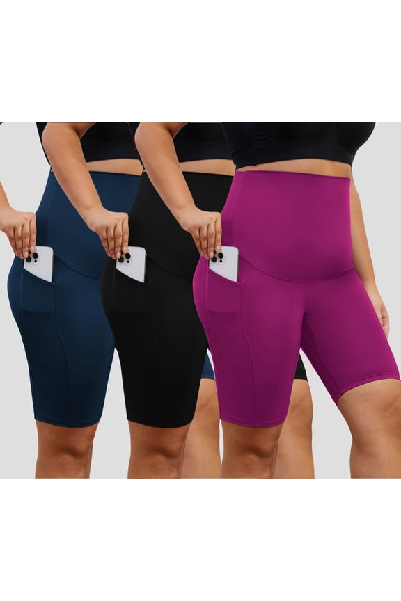 Women's Plus Size Butterluxe Tummy Control High Waist Yoga Shorts Workout Athletic Biker Shorts with Pockets 3-Pack