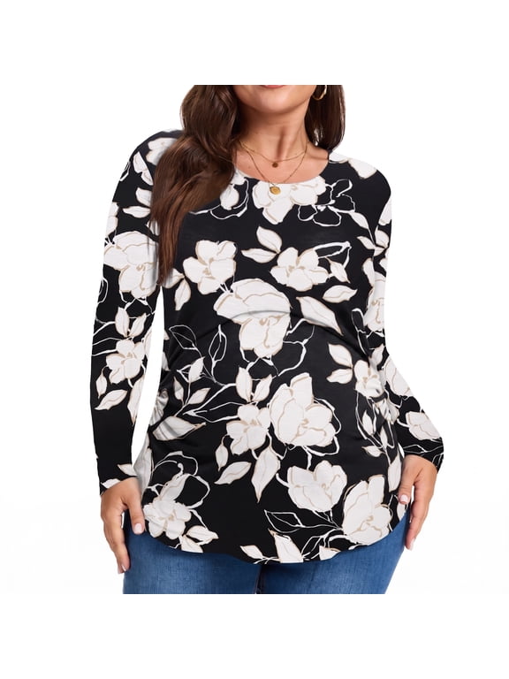 Women's Plus Size Maternity Tops Crew Neck Long Sleeve Pregnancy Shirts Loose Tunic Tops Fall Shirts Pregnancy Clothes