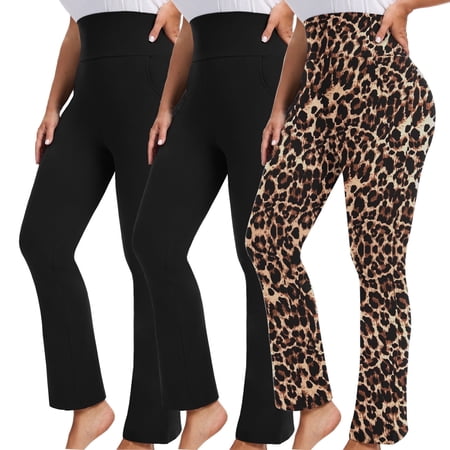 DDLUYY Womens Plus Size Flare Legging High Waist Yoga Pants Workout Active Wear Stretch Bootcut Pants with Pocket 3-Pack