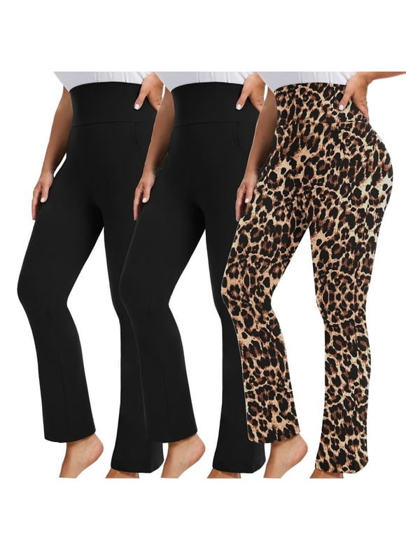 Womens Plus Size Flare Legging High Waist Yoga Pants Workout Active Wear Stretch Bootcut Pants with Pocket 3-Pack