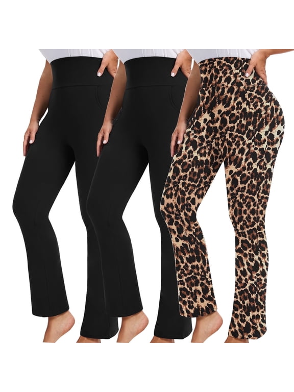 Womens Plus Size Flare Legging High Waist Yoga Pants Workout Active Wear Stretch Bootcut Pants with Pocket 3-Pack