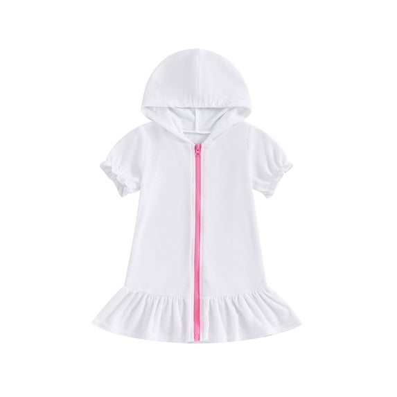 DDSBABAY 1-8T Little Girl Swim Cover Up Casual Loose Solid Color Short Sleeve Ruffled Zipper Hooded Swimsuit Toddler Bathing Suit